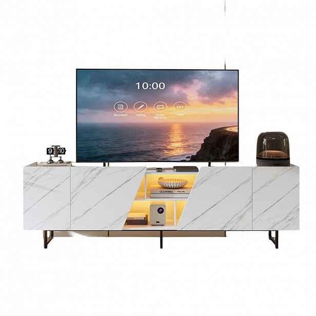 SHOPENTRA TV stolek, bílý, 220 cm, mramorový vzhled, kovový rám