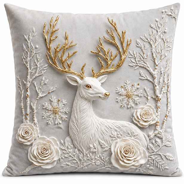 Vánoční povlak na polštář CHRISTMAS DEER 3D stříbrný efekt 40x40 cm
