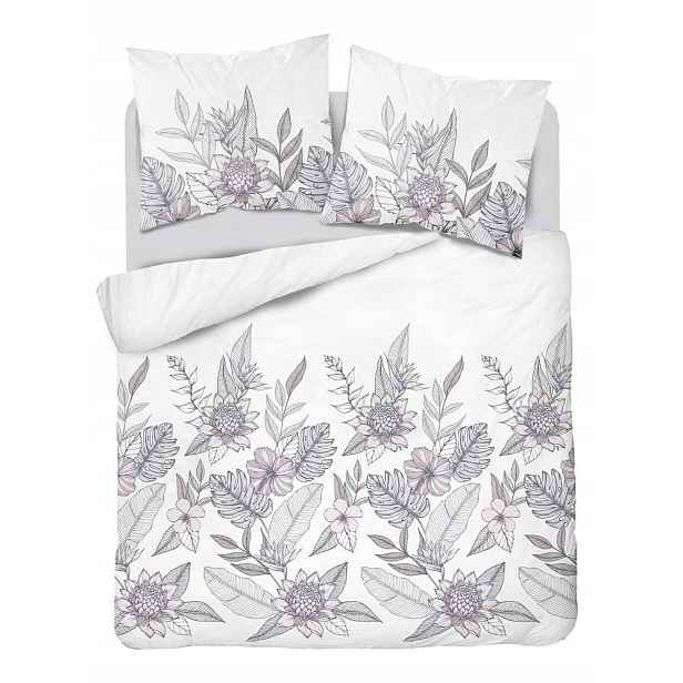 Povlečení saténové 220x200 bílé šedé květy listy 4125 B Home Satin 001