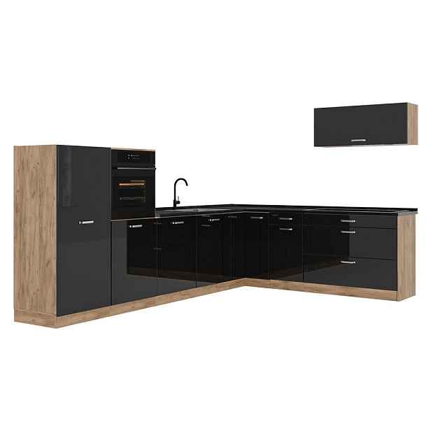 Vicco ROHOVÁ KUCHYŇ R-Line, Černý vysoký lesk/Zlatý mocný dub, 327 x cm pracovná doska antracitová