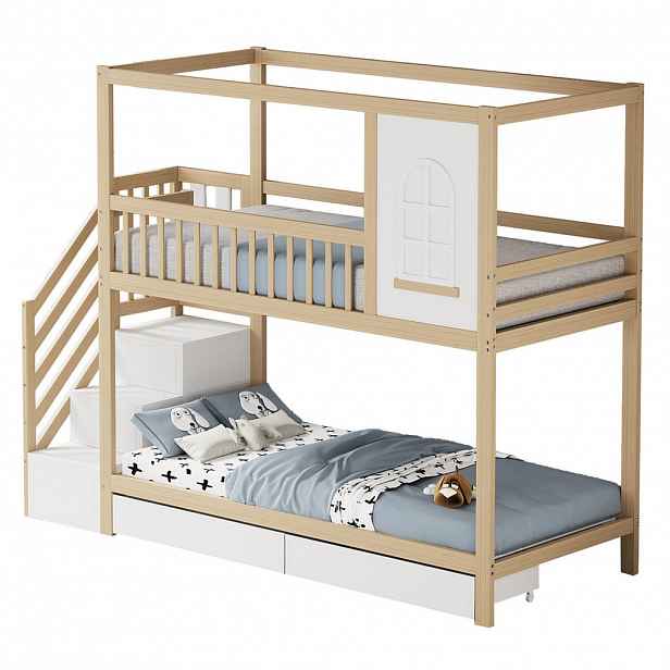 CHICFURN PATROVÁ POSTEL 90/200 cm & 90/200 cm v přírodní barvě se zásuvkami a žebříkem