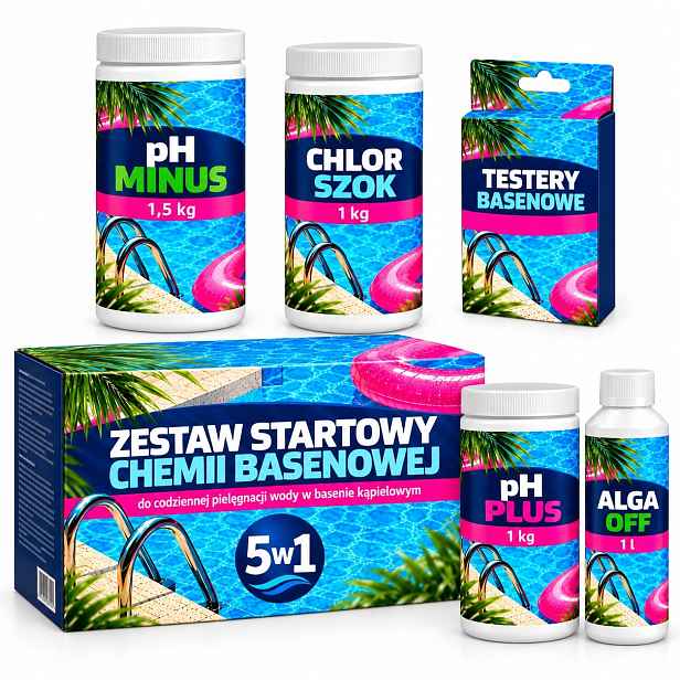 Komplet Do Bazénu Start 5V1 Chlor Šok Alga Off Ph Tester Mínus Ph Plus