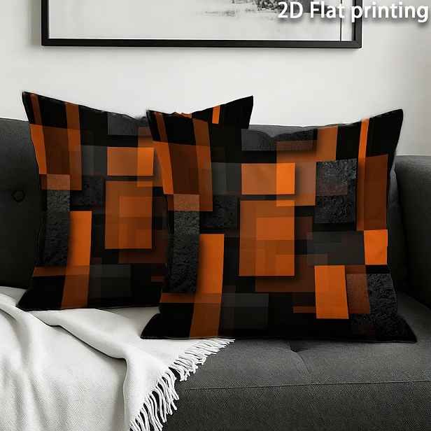 TEMU 2 ks, 2D plochý tisk, povlak na polštář, černo-oranžový geometrický blokový patchworkový povlak na polštář, moderní minimalistický industriální