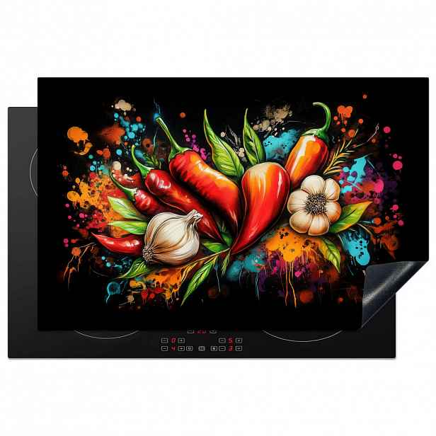MuchoWow KRYT NA INDUKČNÍ DESKU Zelenina - paprika - česnek - graffiti - barva - barevné 81.2x52 cm