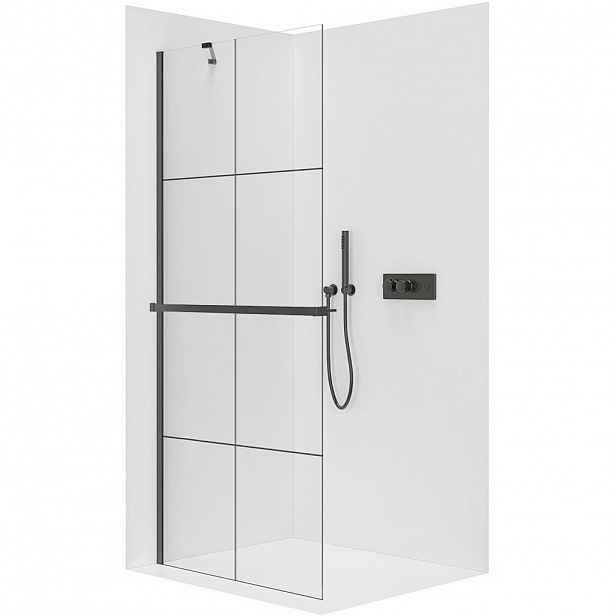 Sprchová zástěna Walk-in Onyx Y L/P - 8 mm + polička/držák na ručníky - černá matná, industriální sklo - 140x200 cm