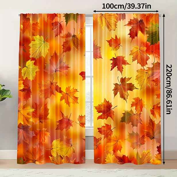 TEMU 2ks Záclony s Potiskem Listů Podzimní Sklizně, 100% Polyester, Živý Design Javorových Listů, Filtrující Světlo, Pratelné v Pračce, pro Ložnici,