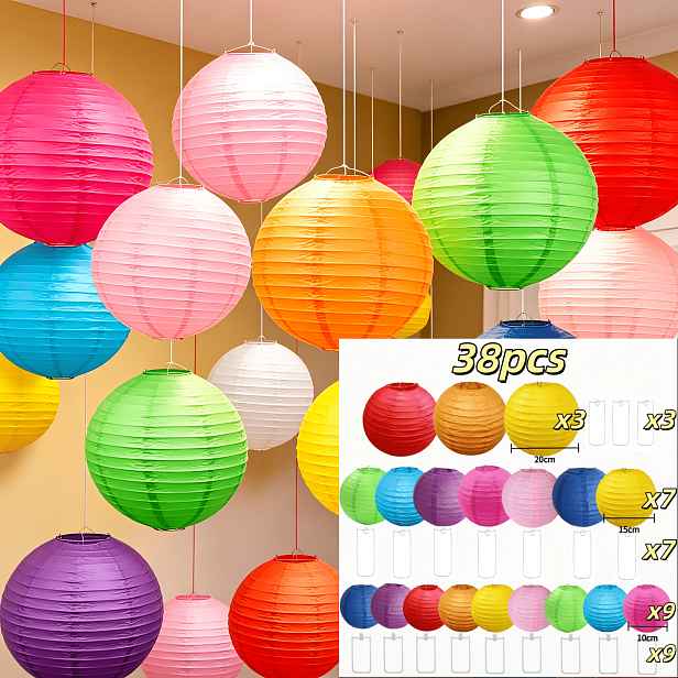 TEMU Sada 28/38 ks barevných papírových lampionů, 20/15/10 cm kulaté skládací papírové lampiony různých velikostí, dekorace pro atmosféru na večírky,