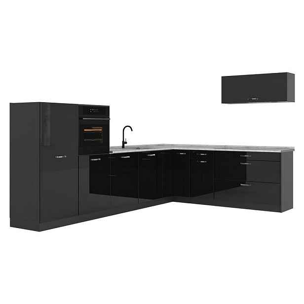 Vicco ROHOVÁ KUCHYŇ R-Line, Černý vysoký lesk/Antracit, 327 x cm pracovná doska Mramor
