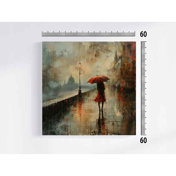 Obraz Na Plátně Obraz Na Plátně Žena Červený Deštník Město Řeka Déšť 60x60