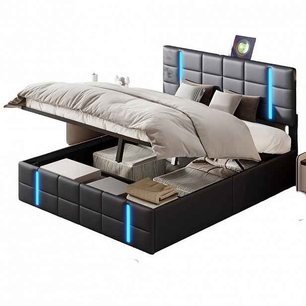 SHOPENTRA ČALOUNĚNÁ postel 140x200 cm černá s LED osvětlením a USB úložištěm