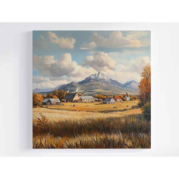 Obraz Na Plátně Canvas Krajina Rustikální Vesnice Domy Hory Pole Podzim 60x60