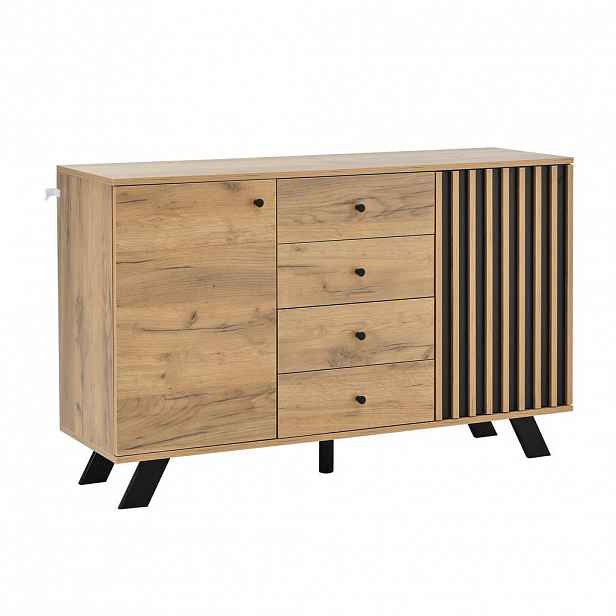 Urban Meuble SIDEBOARD 2 skříňky, 4 zásuvky, dutý dekor, barva dřeva a černá 5 nohou z masivu, spousta úložného prostoru