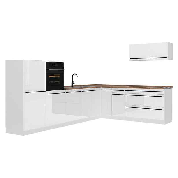 Vicco ROHOVÁ KUCHYŇ R-Line, Bílá vysoký lesk/Bílá, 327 x cm pracovná doska Dub Goldkraft