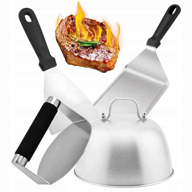 Sada pro hamburgery 4v1 Lis na grilování Lopatka Víko Nerezová Ocel Bbq