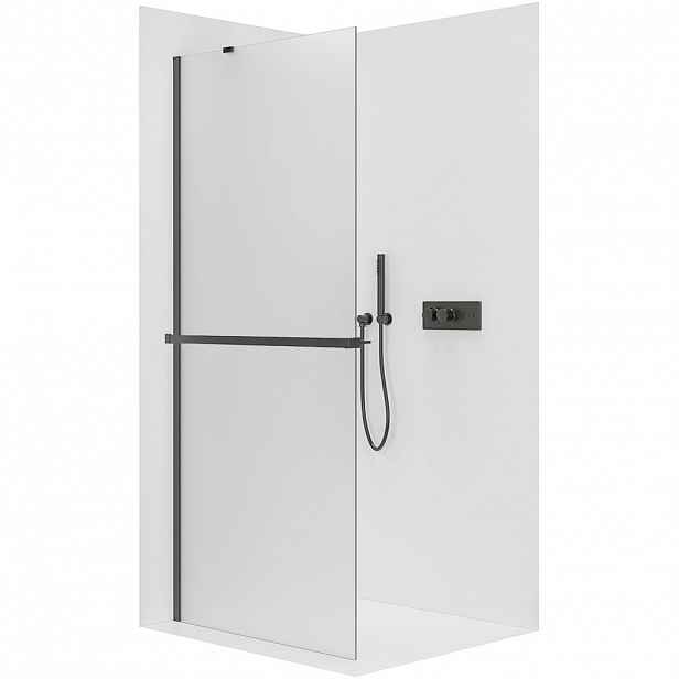 Sprchová zástěna Walk-in Onyx Y L/P - 8 mm + polička/držák na ručníky - černá matná, mléčné sklo - 80x200 cm
