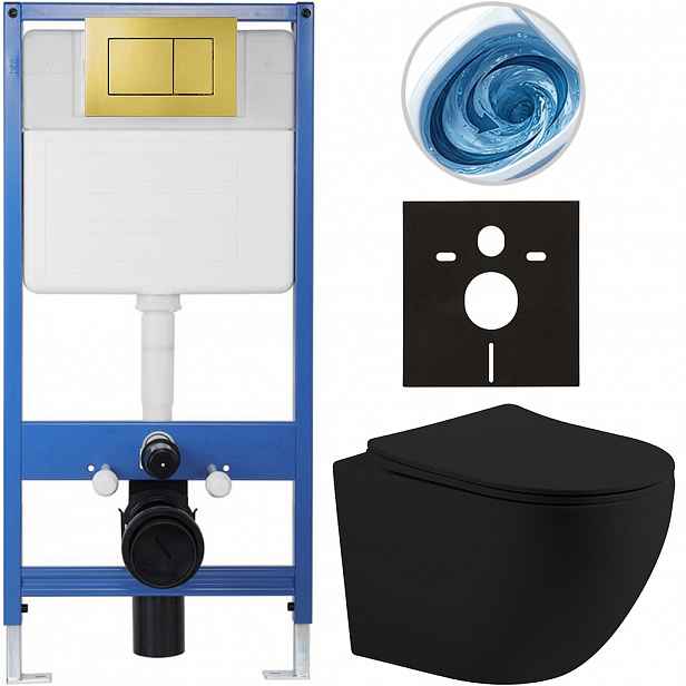 Kompletní WC set Profi/Cesso - černá matná - WC tlačítko Classic/Zlatá - předstěnová instalace - 49x36 cm - 582629