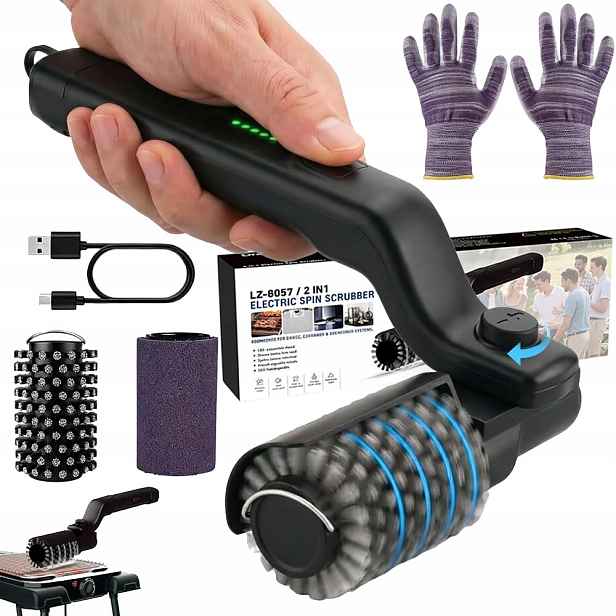 Elektrický kartáč 360° pro gril, nástroj na čištění grilu s houbičkou