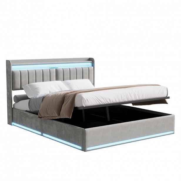 SHOPENTRA ČALOUNĚNÁ postel 160x200 šedý samet LED USB