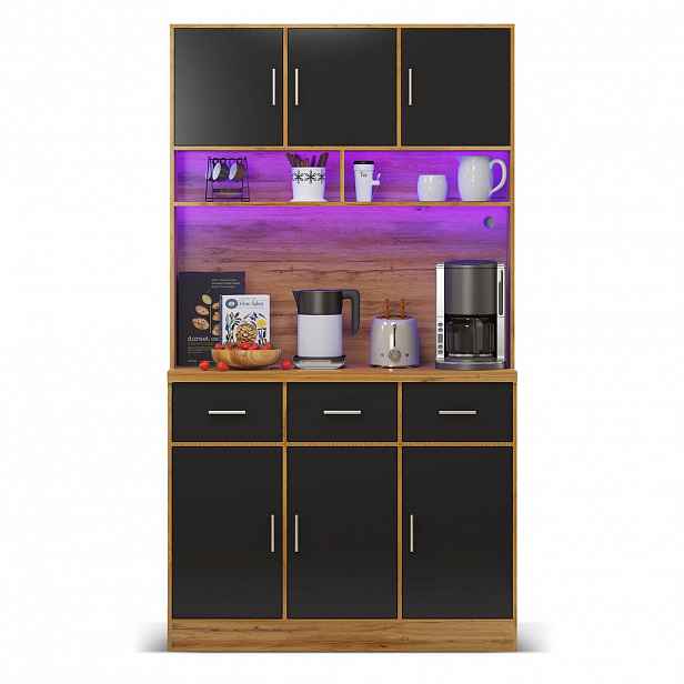 STILVORA KUCHYŇSKÁ SKŘÍŇ černá a přírodní s LED osvětlením a zásuvkami do kuchyně a jídelny, 100 × 40 × 180 cm