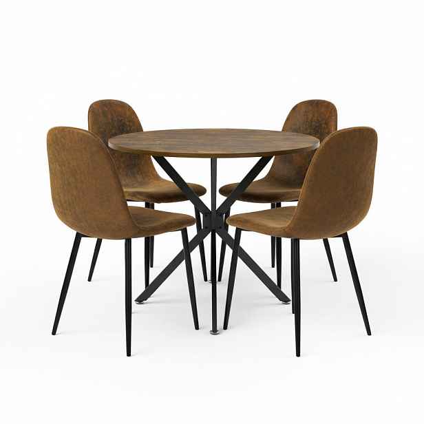 Urban Meuble JÍDELNÍ SET 5dílný Kulatý stůl Ø90 cm dekor dřeva a 4 židle vintage hnědé