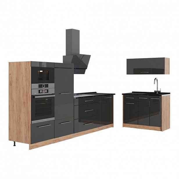 Vicco KUCHYNĚ Fame-Line, Antracitový vysoký lesk/Zlatý mocný dub, 380 cm, PD Antracit