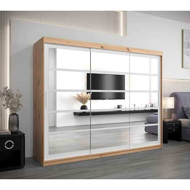 Skříň s posuvnými dveřmi LEONA - šířka 250 cm, dub artisan / bílá