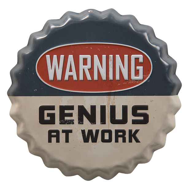 Barevná kulatá cedule  WARNING GENIUS AT WORK s úmyslným odřením - 13*2 cm Clayre & Eef