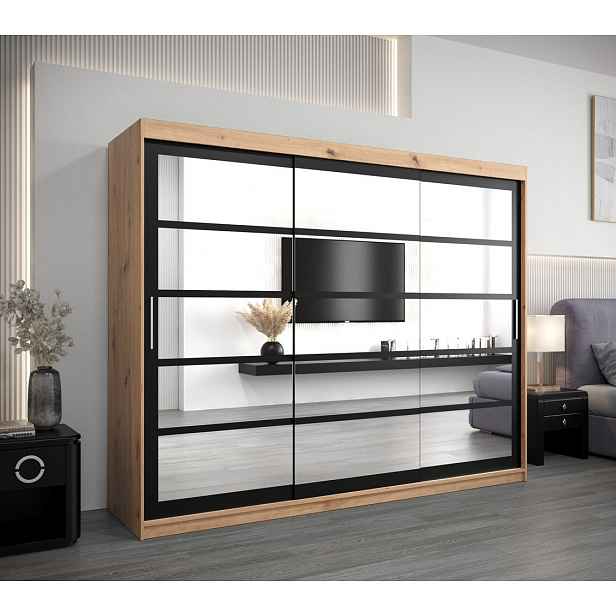 Skříň s posuvnými dveřmi LEONA - šířka 250 cm, dub artisan / černá