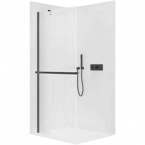 Sprchová zástěna Walk-in Onyx Y L/P - 8 mm + polička/držák na ručníky - černá matná, rýhované sklo - 60x200 cm