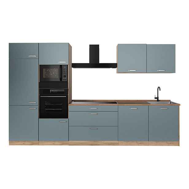 Vicco KUCHYŇSKÝ KOUT R-Line, Modrošedá/Zlatý mocný dub, 340 cm pracovná doska Dub Goldkraft