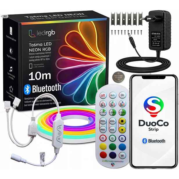 Set Led Pásek Neon 10M (1x10m) Rgb Apka Dálkový Ovladač Rádiový 2.4 Napájecí Zdroj IP67