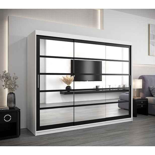 Skříň s posuvnými dveřmi LEONA - šířka 250 cm, bílá / černá