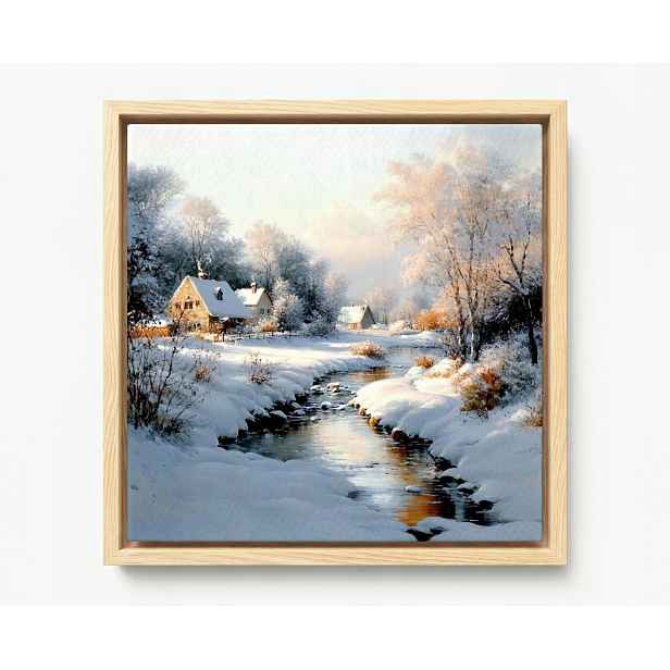Obraz Rám Americký Box Krajina Zima Sníh Vesnice Řeka Potok 50x50