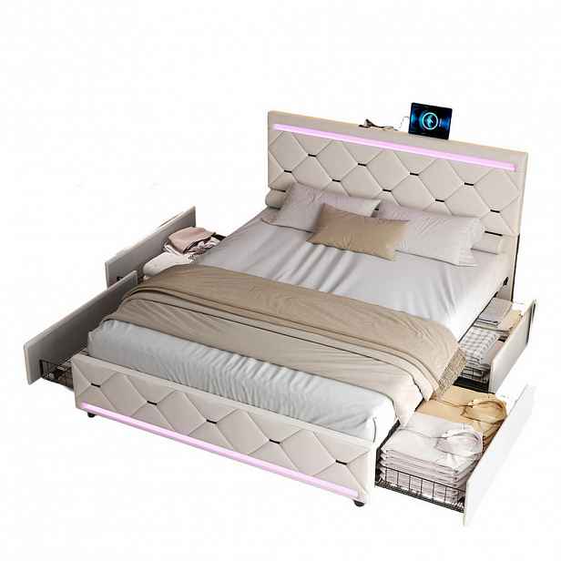 SHOPENTRA ČALOUNĚNÁ postel 140x190 cm béžová LED USB 4 zásuvky