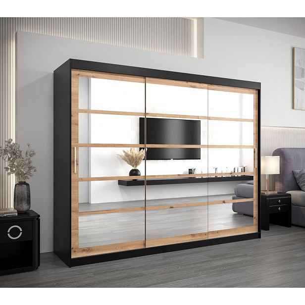 Skříň s posuvnými dveřmi LEONA - šířka 250 cm, černá / dub artisan