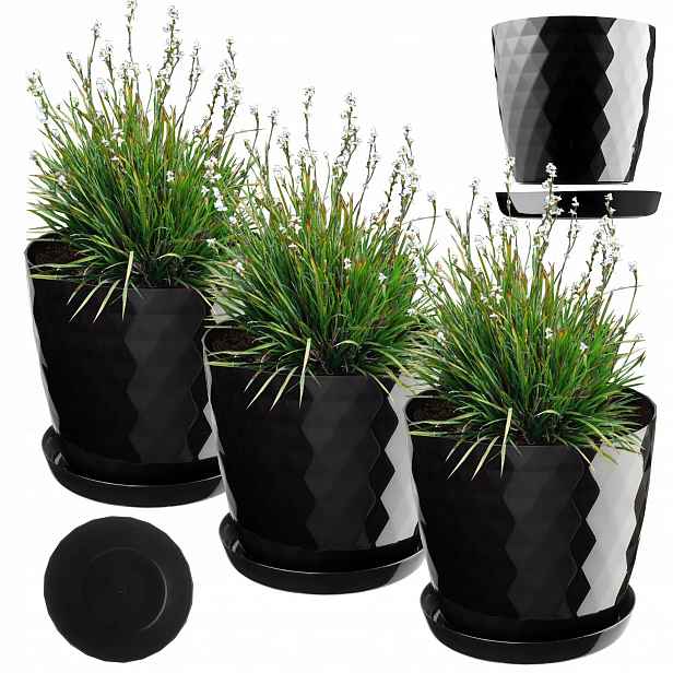 3 ks Květináč Obal Na Květináč 30 cm Květinový Záhon S Podstavcem Černý Plastový