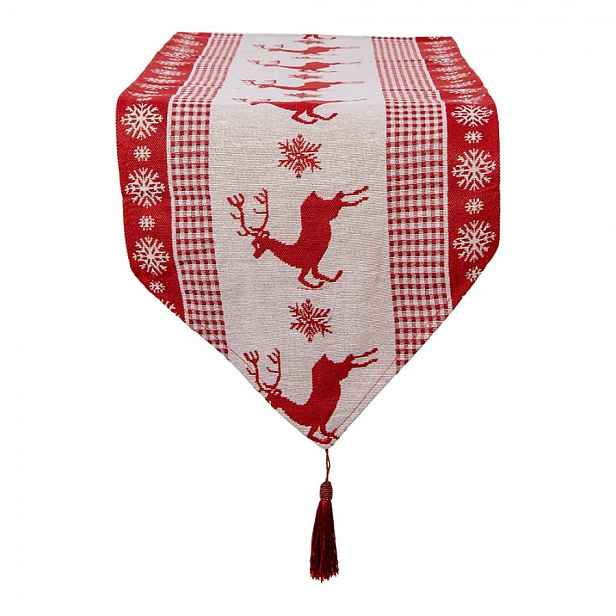 Béžovo-červený běhoun se střapcem a jeleny Christmas Rustic - 33*180 cm Clayre & Eef