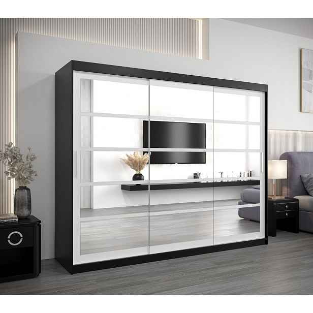 Skříň s posuvnými dveřmi LEONA - šířka 250 cm, černá / bílá