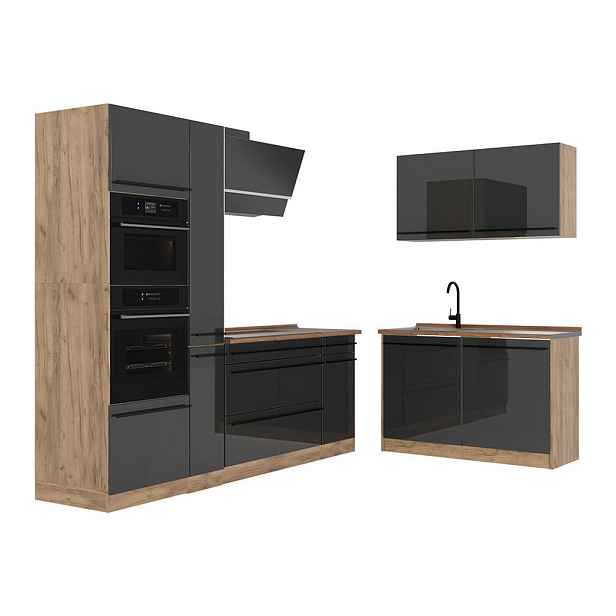 Vicco ROHOVÁ KUCHYŇ R-Line, Antracitový vysoký lesk/Zlatý mocný dub, 230 x 120 cm pracovná doska Dub Goldkraft
