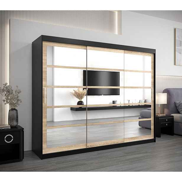 Skříň s posuvnými dveřmi LEONA - šířka 250 cm, černá / dub sonoma