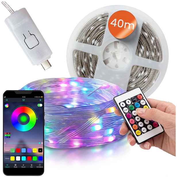 Vánoční Osvětlení Na Stromeček 40 m, světelný řetěz Rgb, ovládání aplikací a dálkovým ovladačem, 400 Led