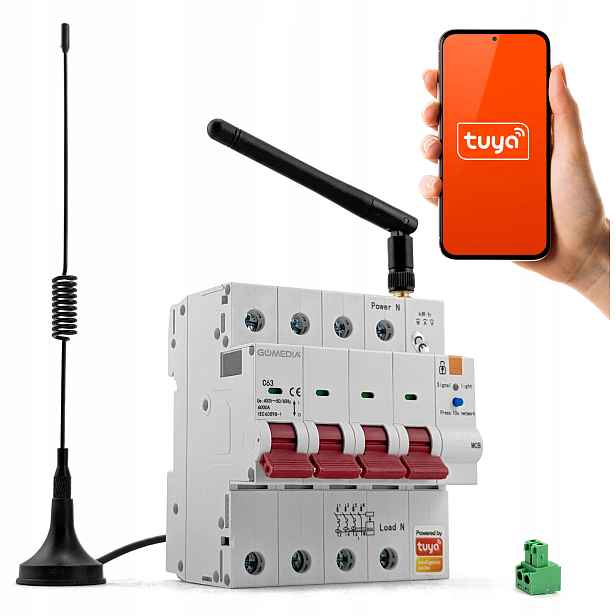 3fázový jistič s WiFi, 4P Tuya 63A 6kV, měření spotřeby energie, s anténou