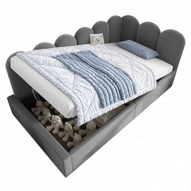 OKWISH DENNÍ postel 90/190 cm šedá ze sametu s úložným prostorem a hydraulickým roštem