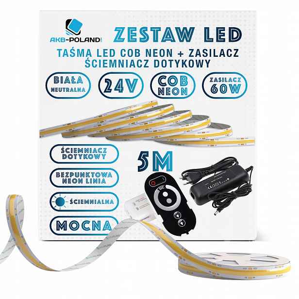24V Sada Led pásek Cob Neutral 5M Dálkový Ovladač Dotykem.