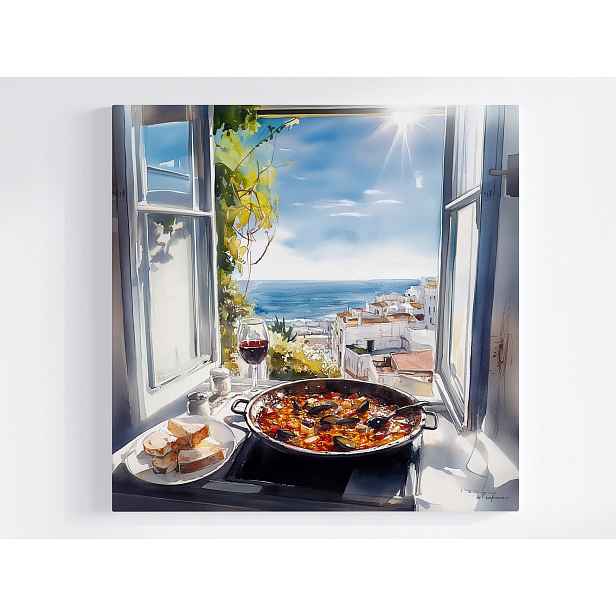 Obraz Na Plátně Canvas Okno Kuchyně Moře Paella Víno Španělsko 50x50