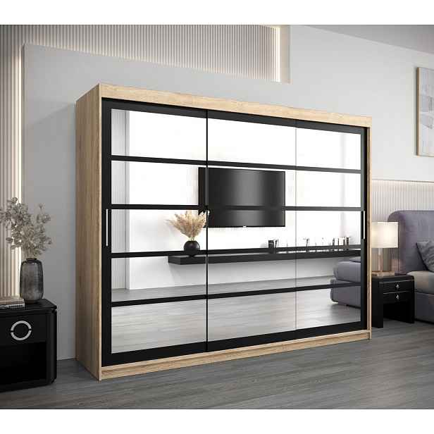 Skříň s posuvnými dveřmi LEONA - šířka 250 cm, dub sonoma / černá
