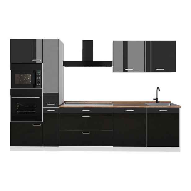 Vicco KUCHYŇSKÝ KOUT R-Line, Černý vysoký lesk/Bílá, 310 cm pracovná doska Dub Goldkraft