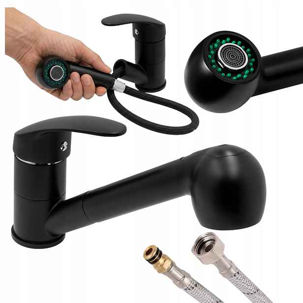 Kuchyňská baterie s vytahovací sprškou Otočná kuchyňská baterie černá stojící Hand