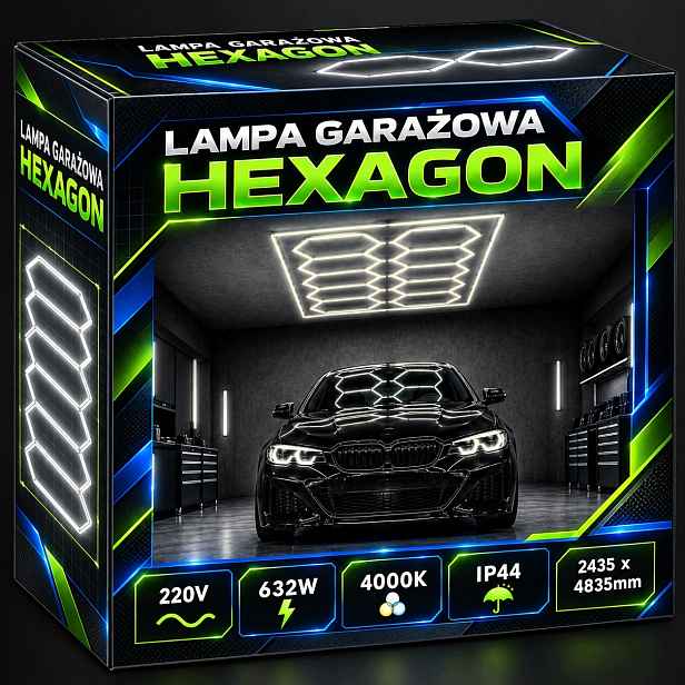Led lampa Hexagon 632W 4000K Stropní garáž Dílna Detailing 244x484cm