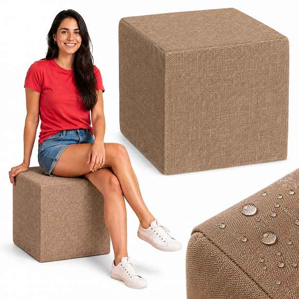 Taburet Kostka 40x40x40 cm Čtvercová Podnožka S Potiskem Imitace Lnu Len